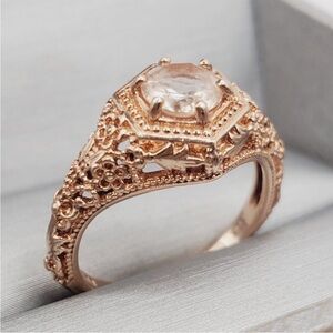 Genuine Round Morganite 14k Rose Gold - 925 Sterling Silver Filigree Flower Ring
